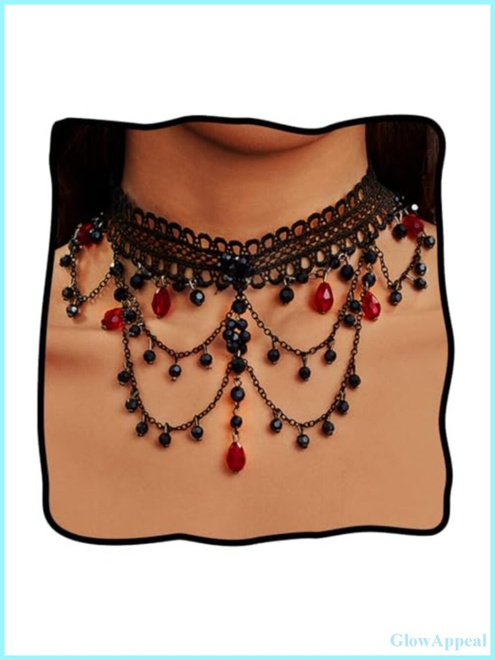 Gothic Lace Choker Necklace with Red Beaded Dangling Pendants
